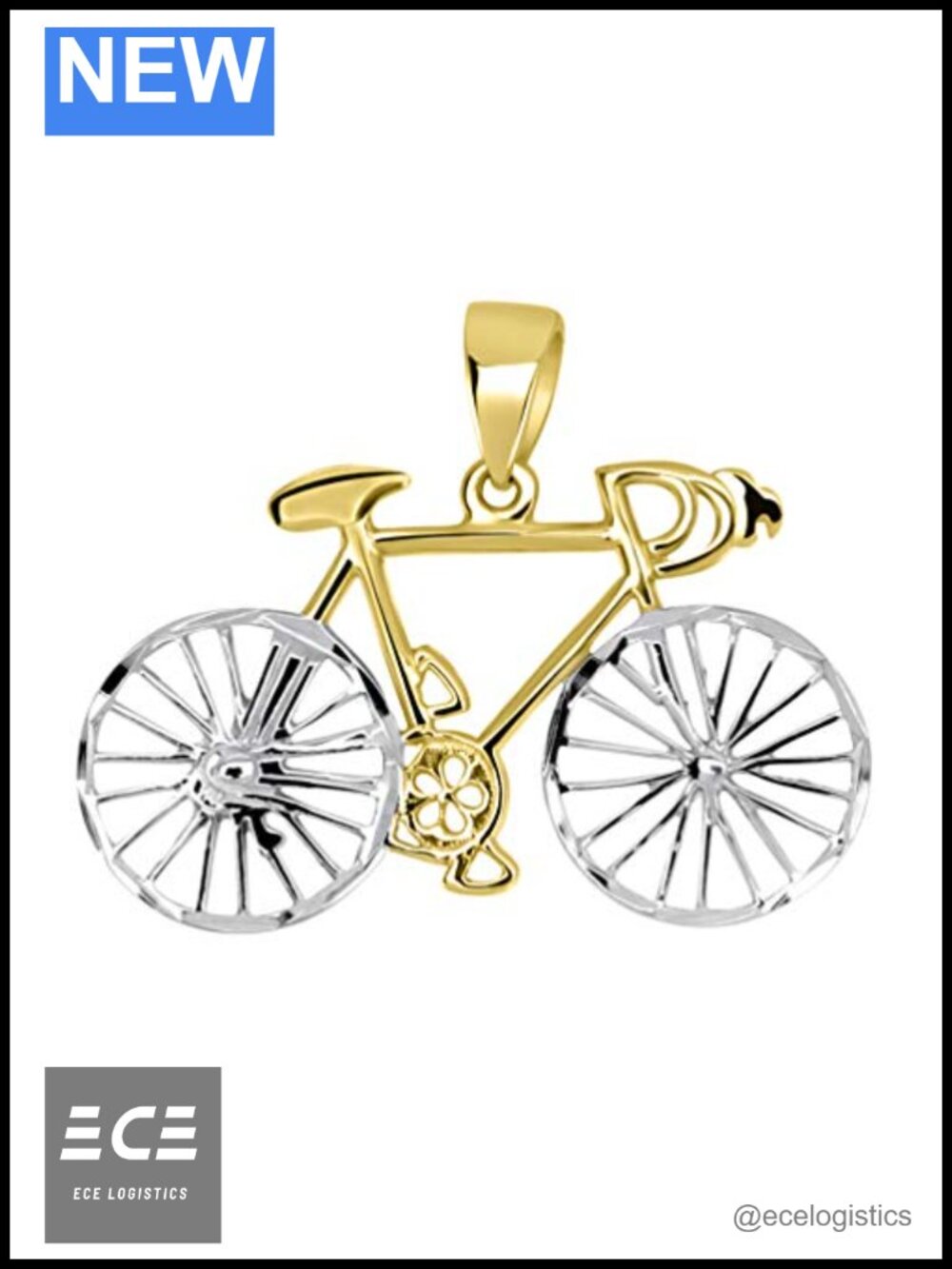 Solid 14k Yellow Gold Bicycle Bike Charm Pendant Necklace
